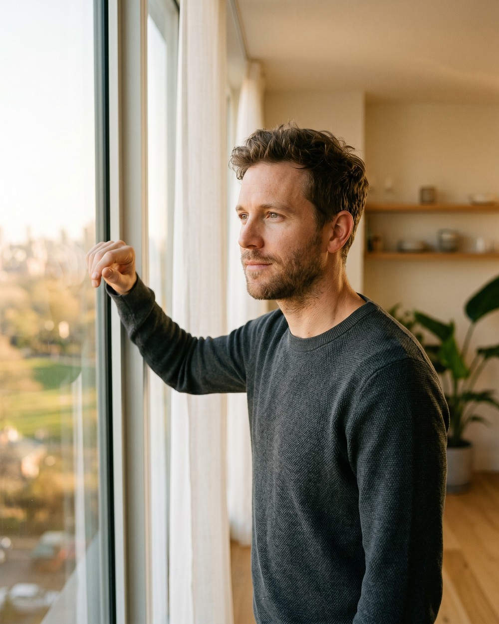 A man stands quietly at a sunlit window in the morning, looking out with calm, hopeful determination.