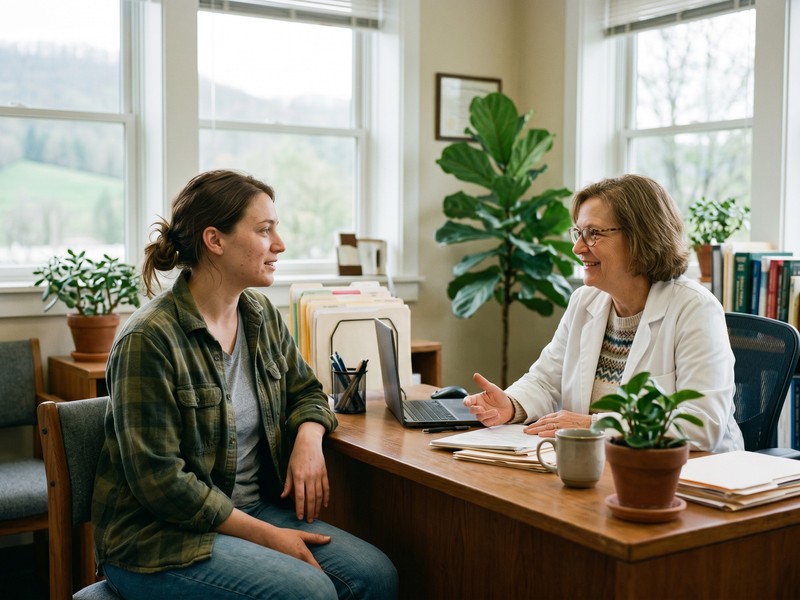 A young woman in her mid-twenties speaks with her doctor across a desk in a calm, light-filled clinic consultation room.