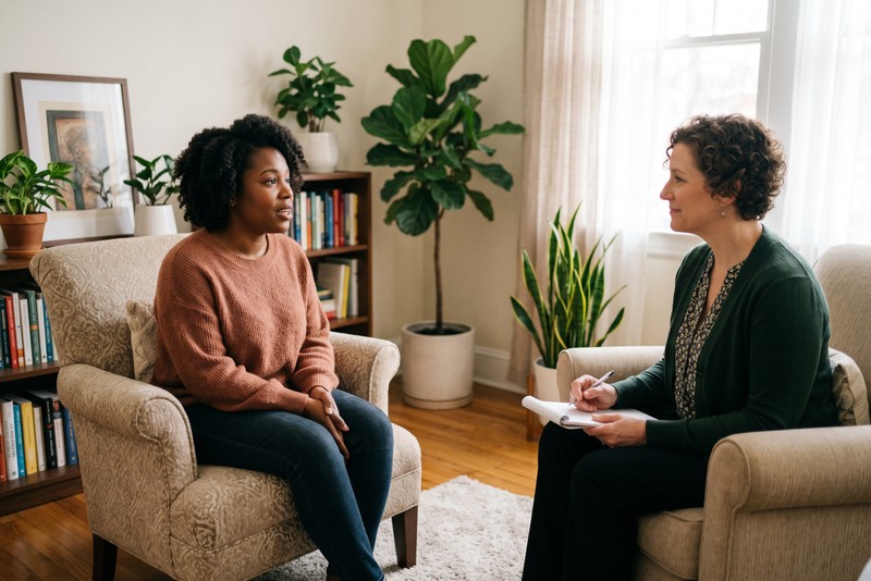 A woman talks with her female therapist in comfortable armchairs during a warm, supportive counseling session in a cozy office.